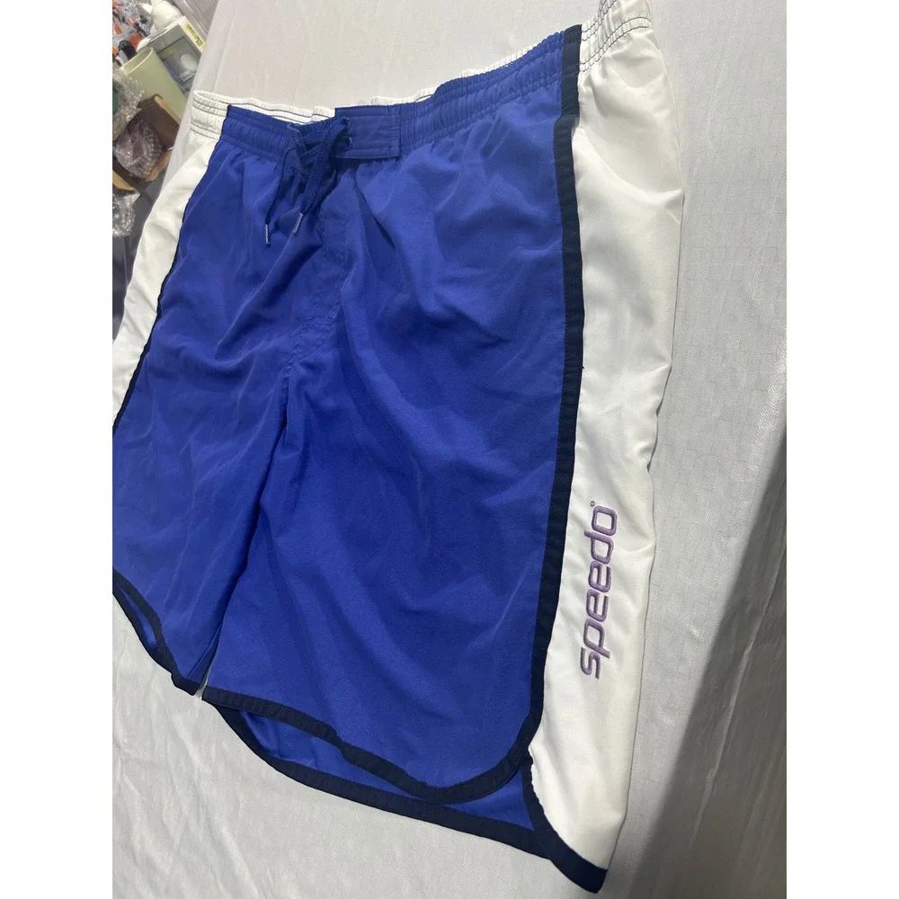 Speedo‎ Mens Blue White Colorblock Swim Trunks Board Shorts Drawstring Waist
